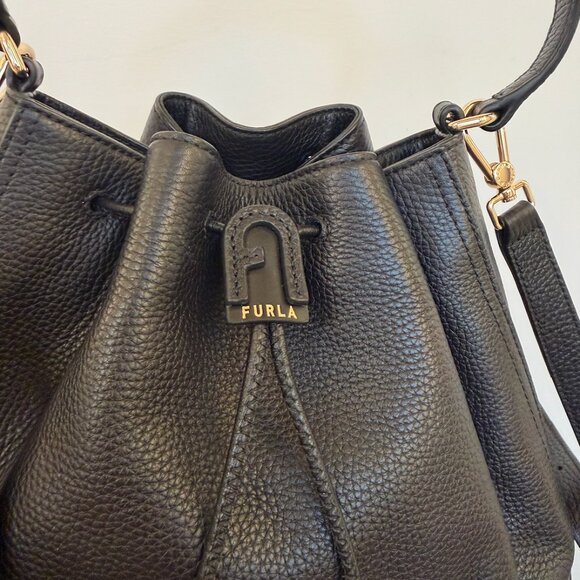 Furla Black Leather Drawstring Bucket Bag - Picture 2 of 4